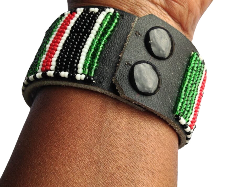 Wrist Band Bracelet Masai Beads Kenya Flag African Unisex Leather 8.5″/ 21.6 cm