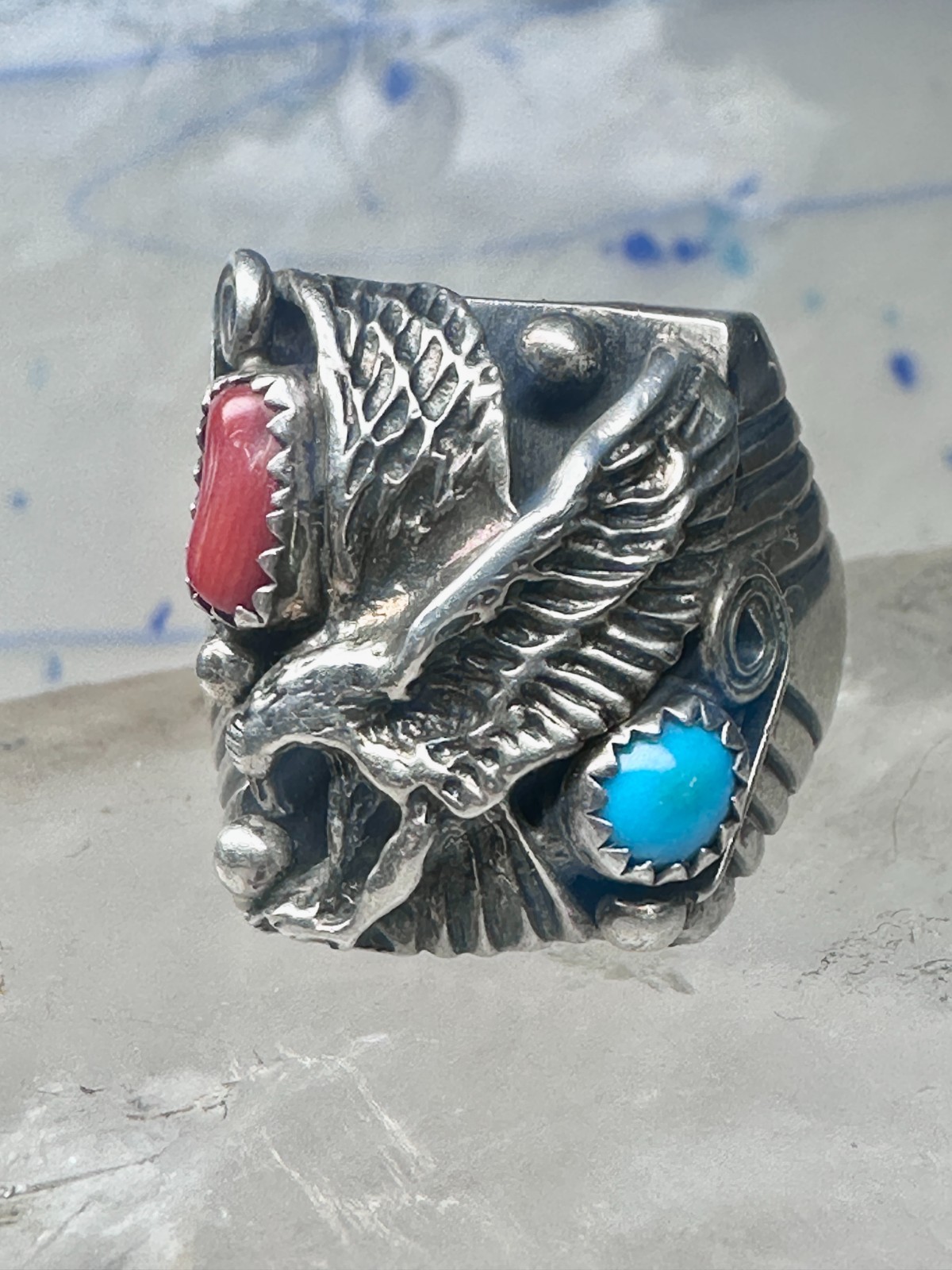 Eagle ring turquoise coral southwest band band Size 11.7 sterling silver