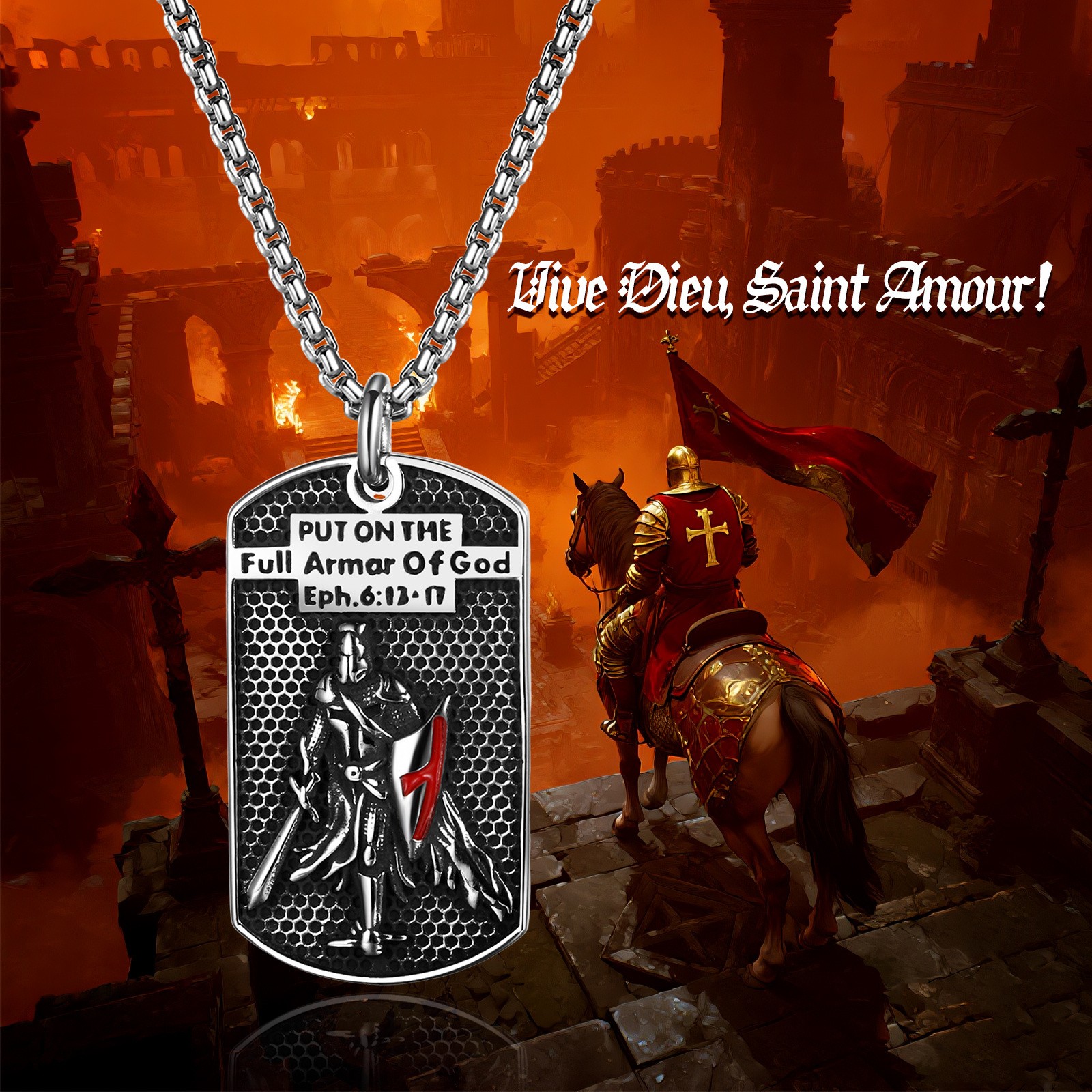 Men’s Knight Templar Armor of God Necklace Ephesians 6:13-17 Red Cross Pendant