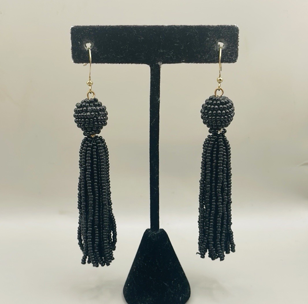 Vintage Black Seed Beaded Tassel Dangle Drop Statement Earrings