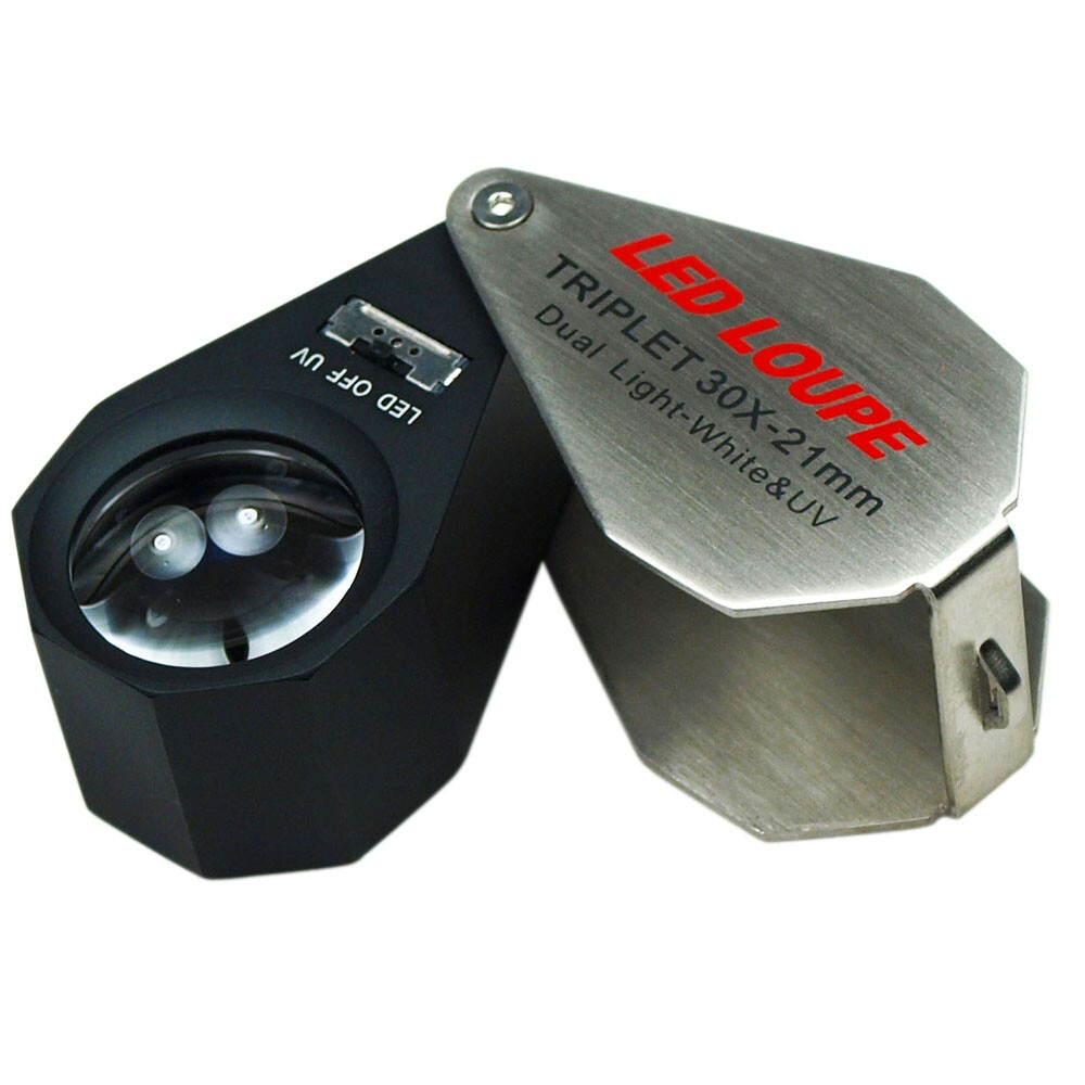 30X Magnification 21mm Triplet Jewelers Loupe with LED – UV Dual illumination