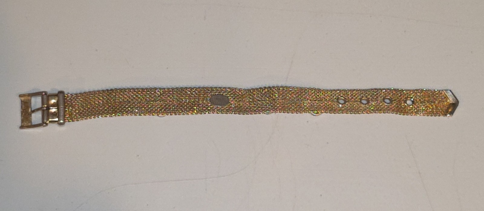 Vintage Sumthing Special Gold Tone Mesh Belt Bracelet Green Cabochons 8″