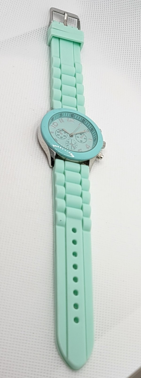 Ladies Darice Silver Tone Mint Green Poly Band Analog Watch F9