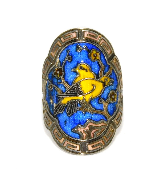 Vtg Chinese Export Sterling Silver Cloisonne Enamel Lovebirds Cigar Band Ring