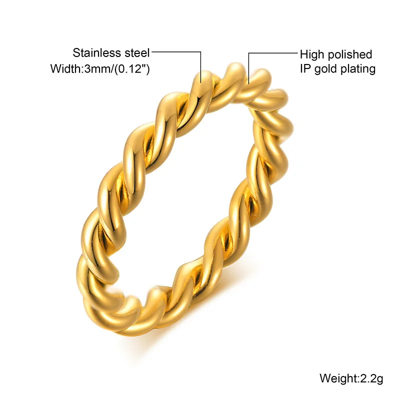 Twisted Rope Slim Ring Stainless Steel Minimalist Wedding Band Women Jewelry