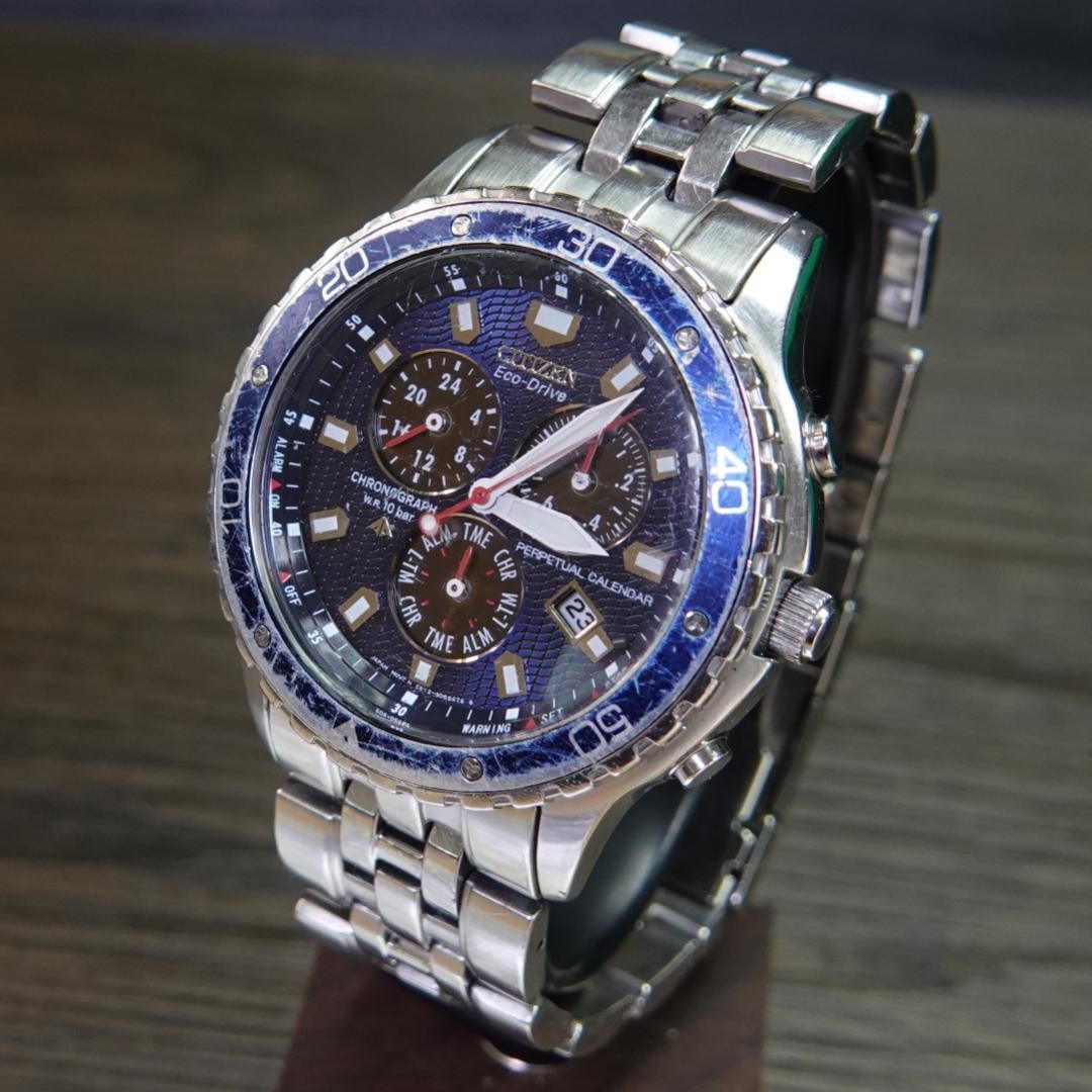 CITIZEN Promaster E812 Eco-Drive Perpetual Chronograph Watch Working Used Japan