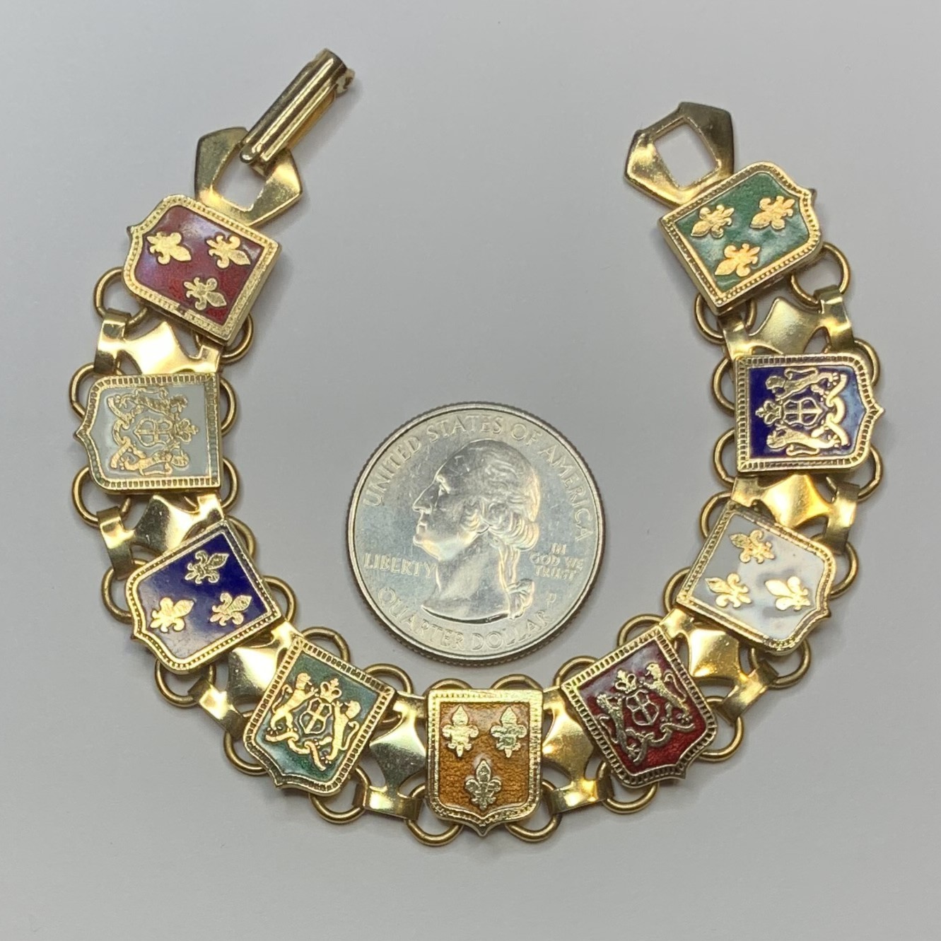 Vintage Gold Tone Enamel French Style Coat of Arms & Fleur De Lis Bracelet
