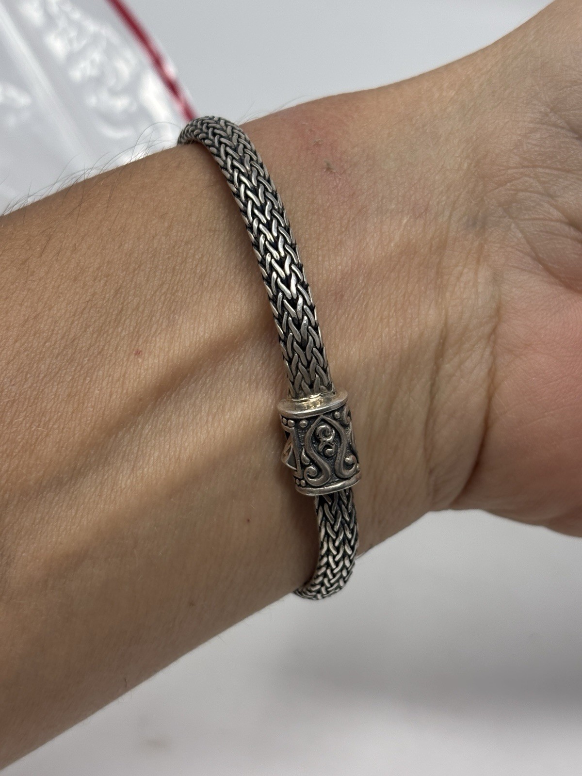 Vtg David Schorr Sterling Silver 18K Gold Blue Topaz Woven Wheat Bracelet 7.5”