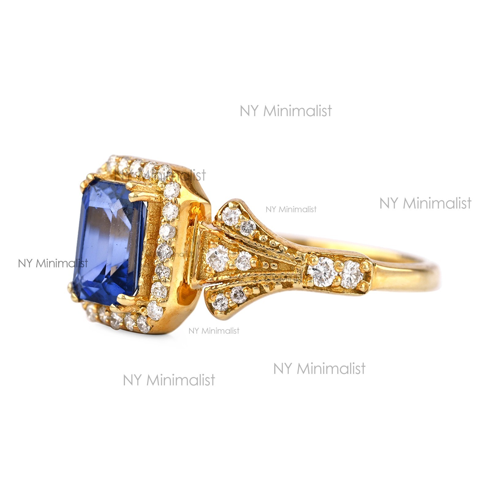 14K Solid Gold Natural Emerald Cut Diffused Blue Sapphire & Diamond Halo Ring