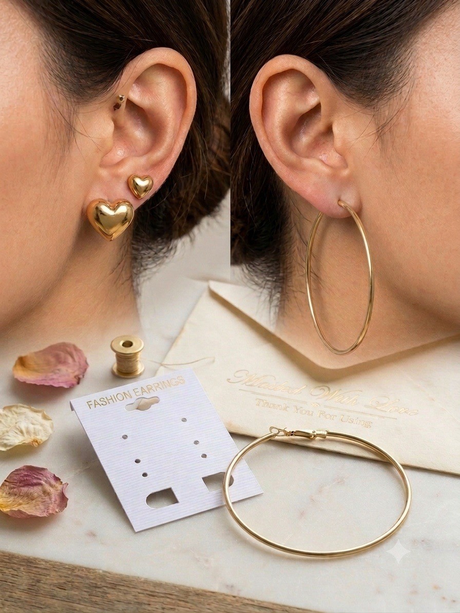 Gold Hoop Earrings and Heart Studs Set • 3 Pairs Multi-Pack Brand New