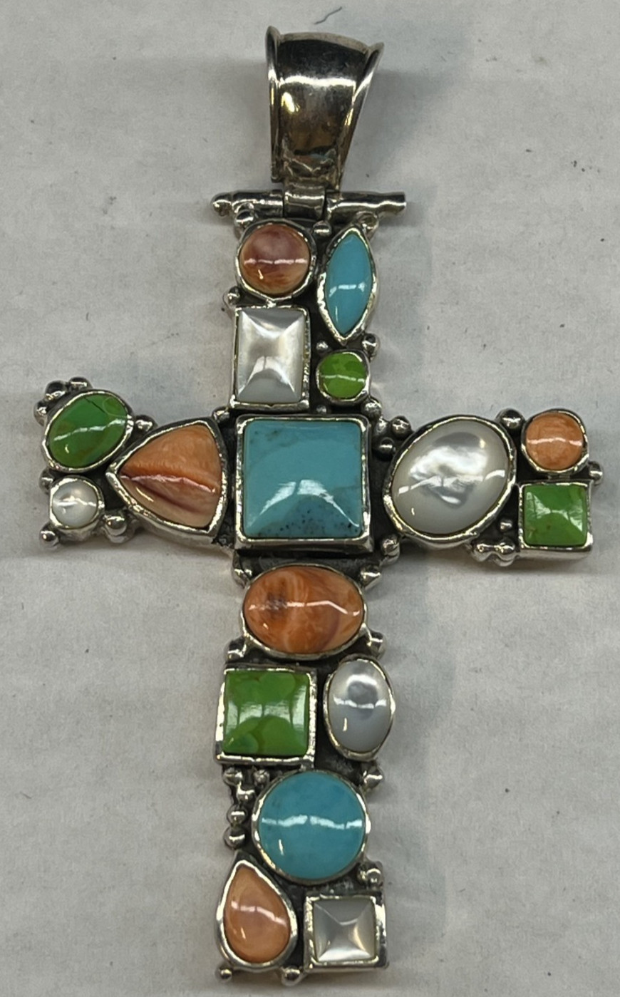 925 Sterling Silver Multi Colored Stones Cluster Cross Pendant Large 2.75″