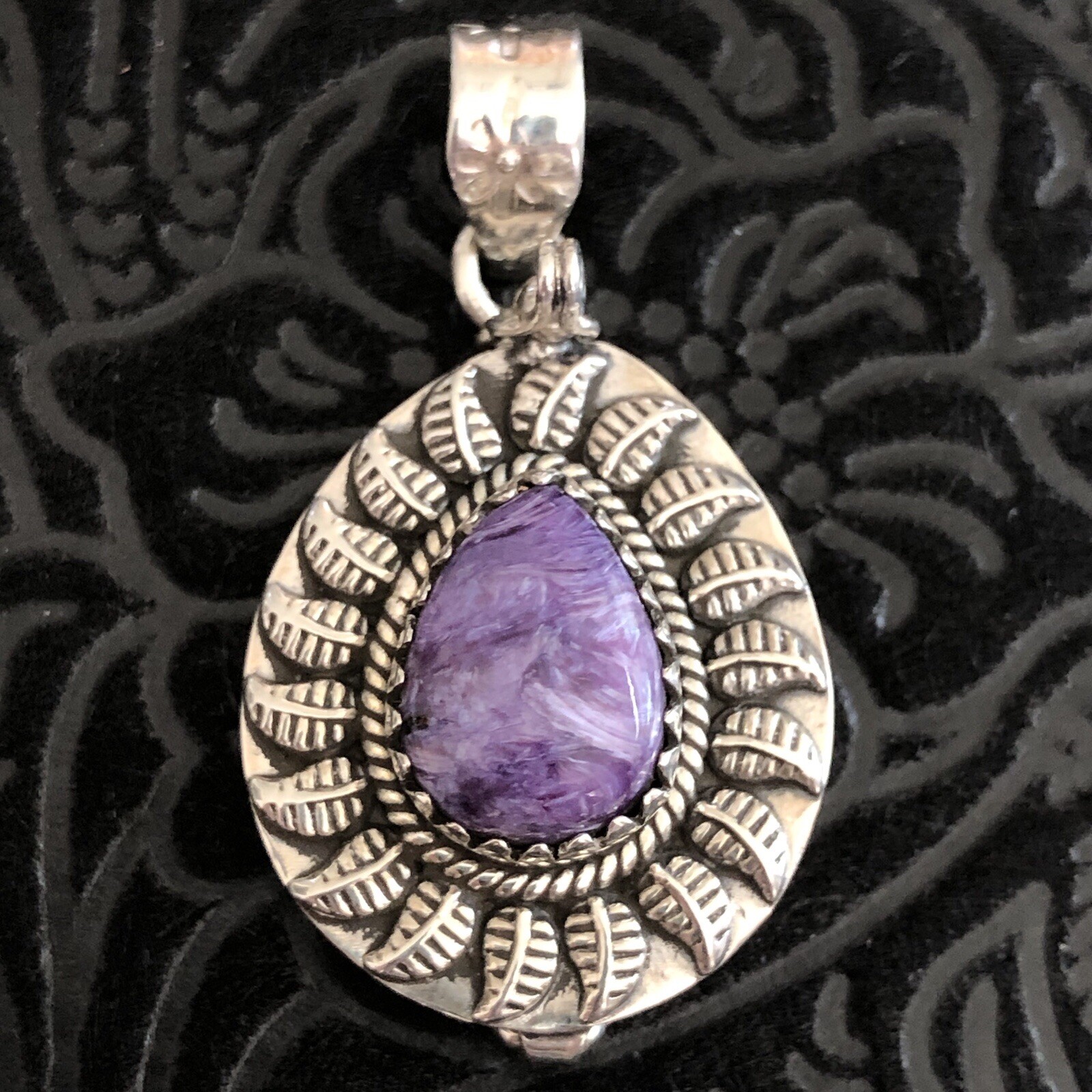 Sterling Silver Charoite Stone Feather Detail Poison Pendant Stamped 925
