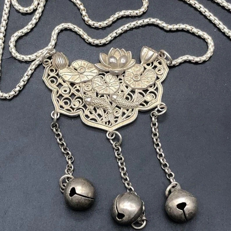 Vintage Lotus Fish Lock Necklace Bell Tassel Ethnic Alloy Long Chain Pendant