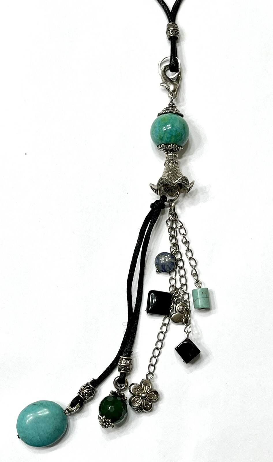Beaded CLIP-ON GEMSTONE CHARM Necklace. length 24 in. Charm 8 3/4 in