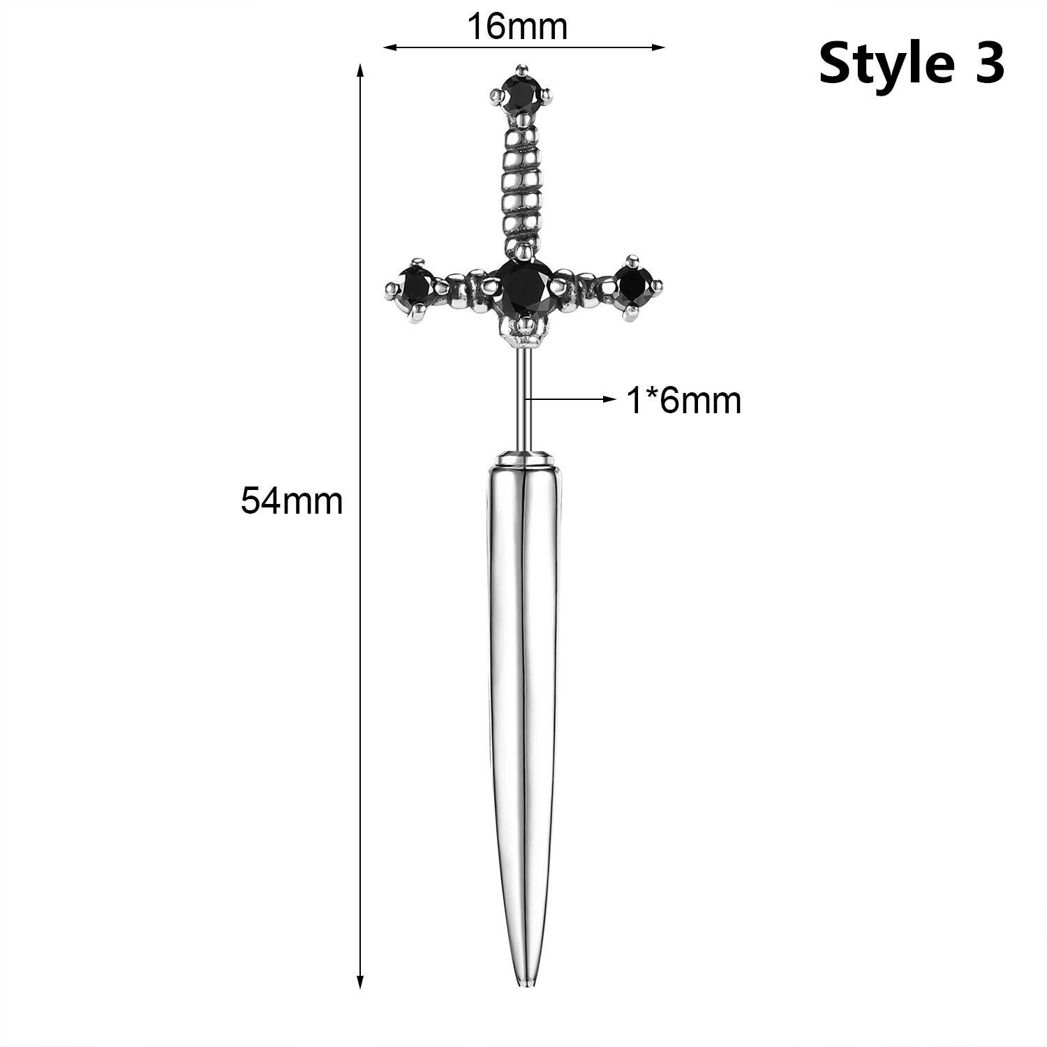 20G Punk Stainless Steel Stud Earrings CZ Dagger Sword Ear Stud Piercing Jewelry