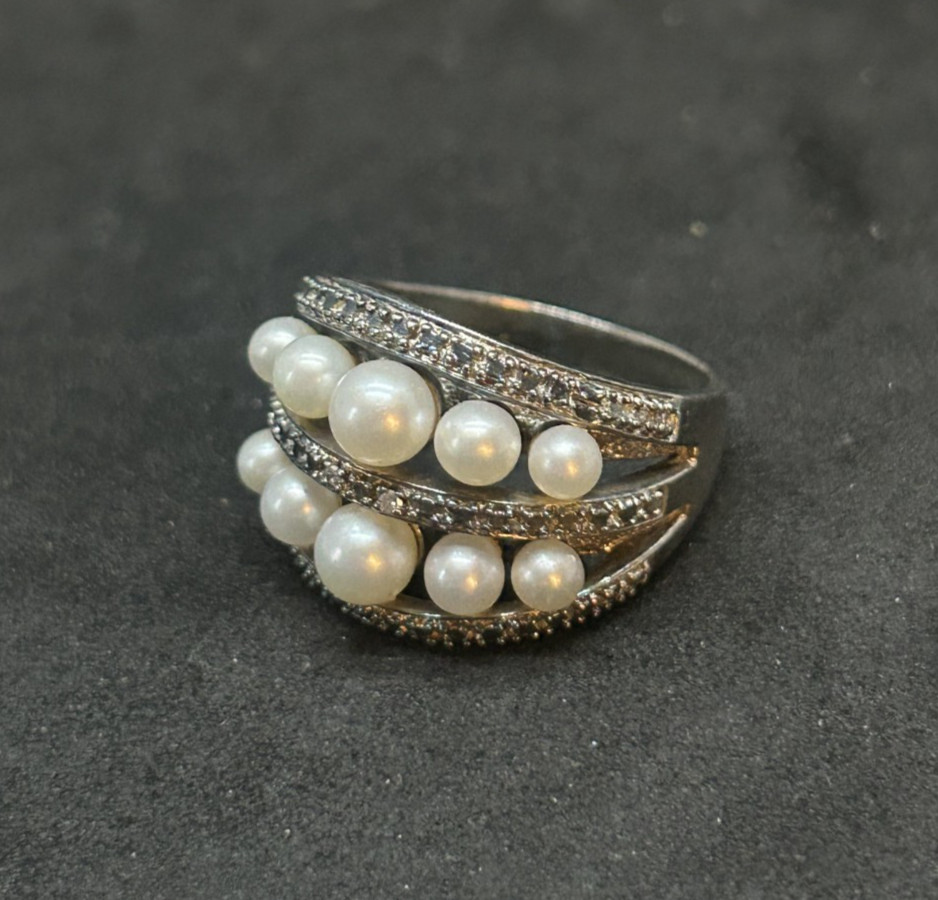 925 Sterling CZ Pearl Beaded Ring 16.6mm Sz 6.5 – 8.74g