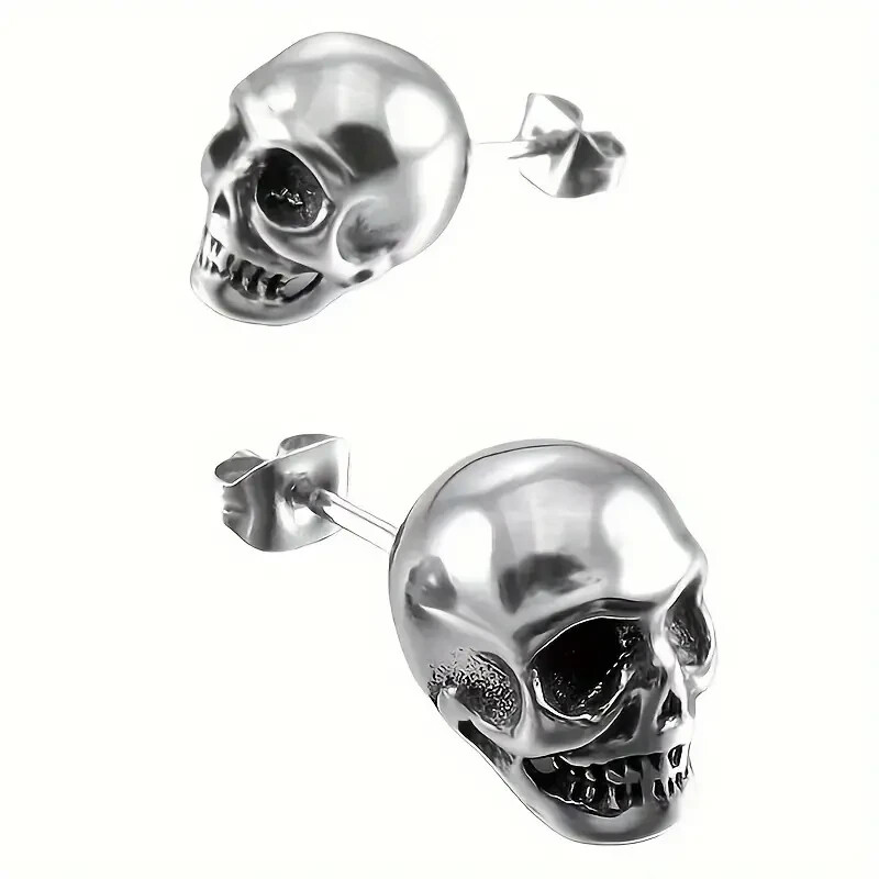 Vintage Inspired Spooky Gothic Silver Skull Stud Earrings for Everyday Halloween