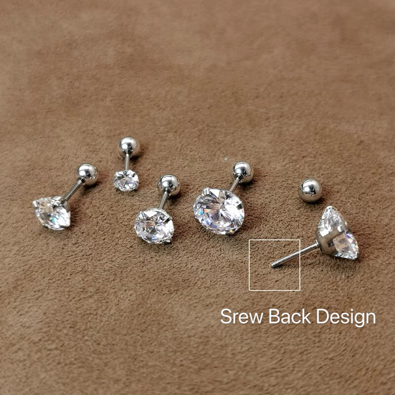 Womens Silver Round CZ Screw Back Ball Stud Earrings 316L Surgical Steel 2-6mm