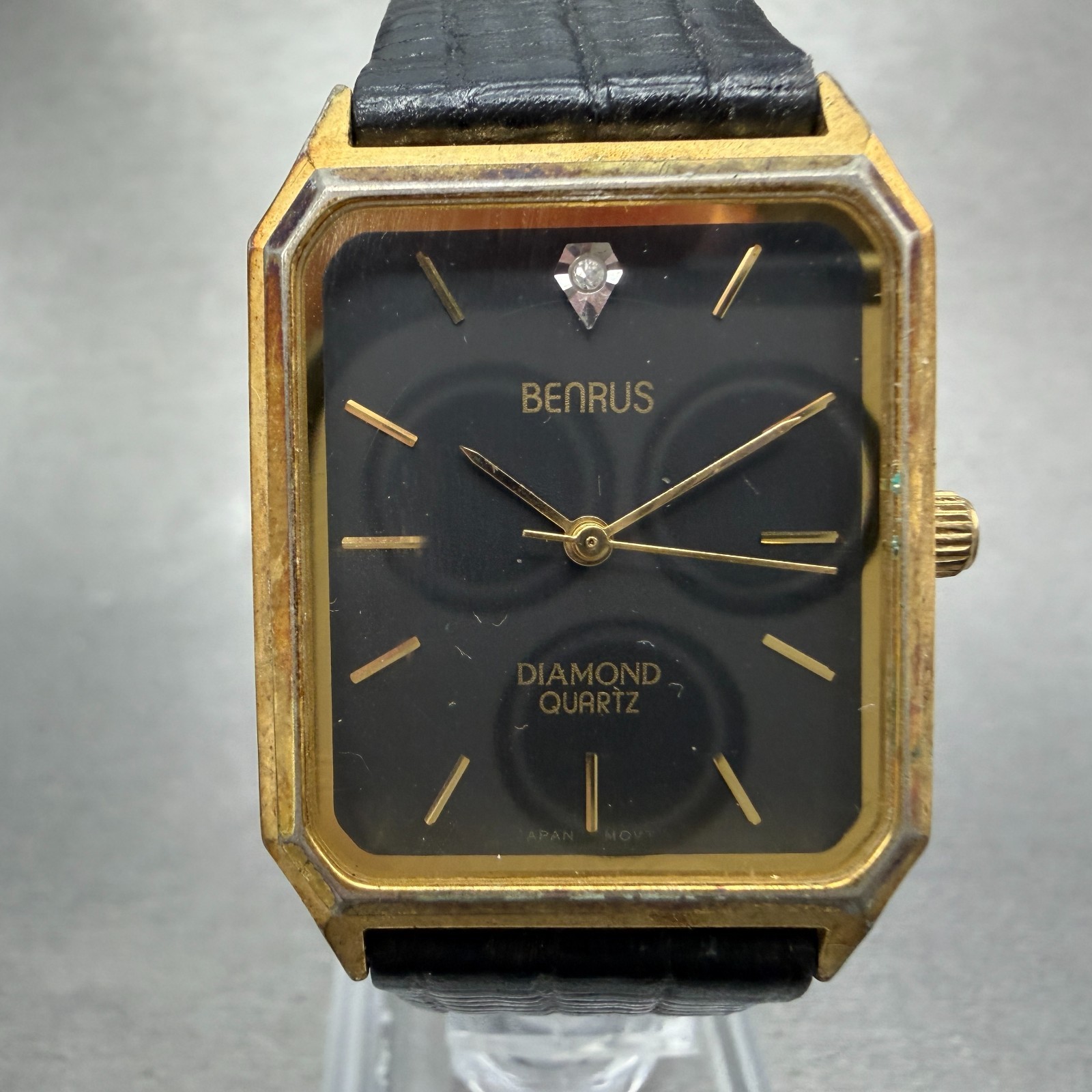 Benrus Tank Watch Men 26mm Black Dial Gold Tone Rectangle Diamond New Battery