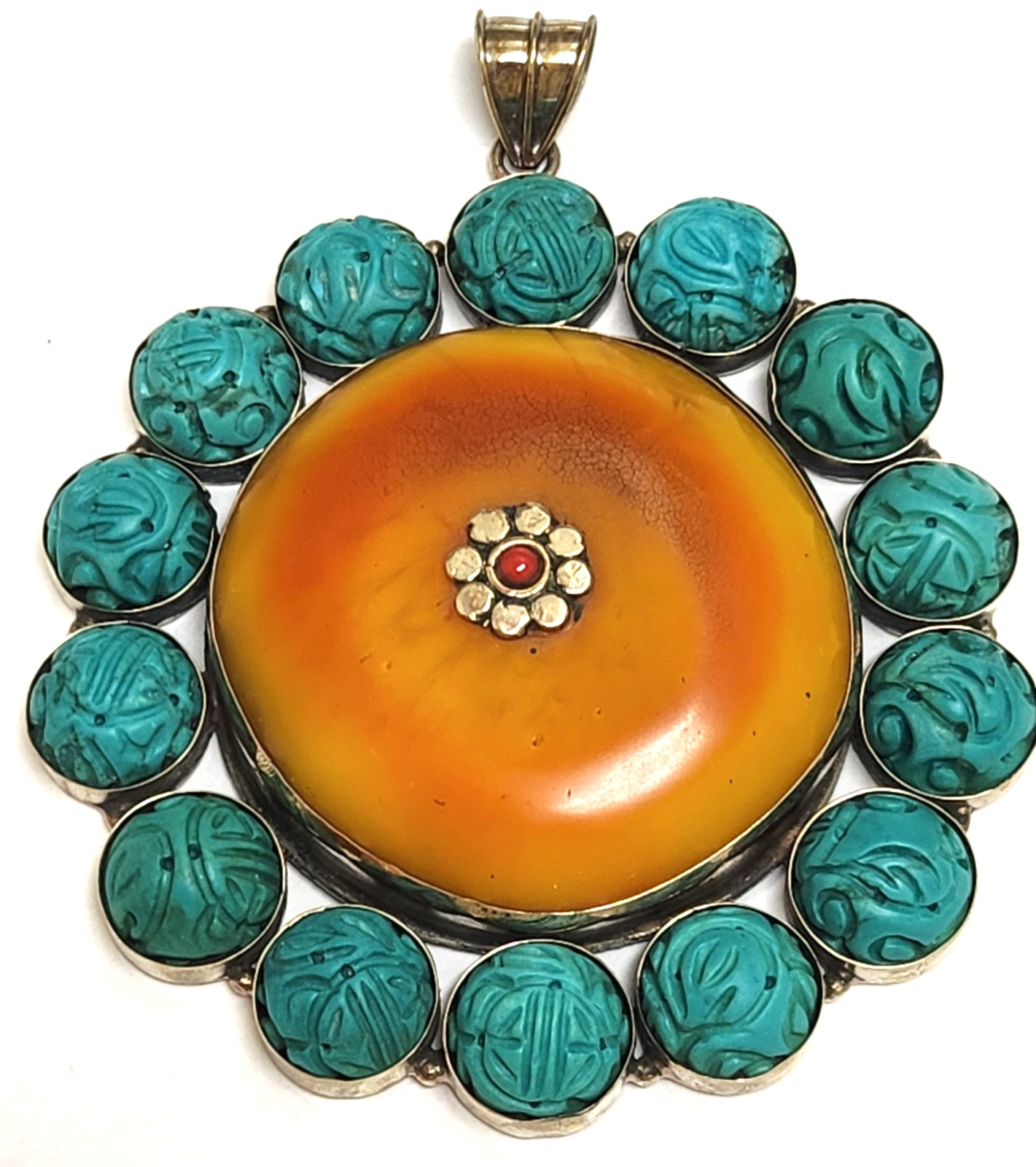 Tibetan Amber Resin Earrings/Large Pendant set in Silver, Carved Turquoise Beads