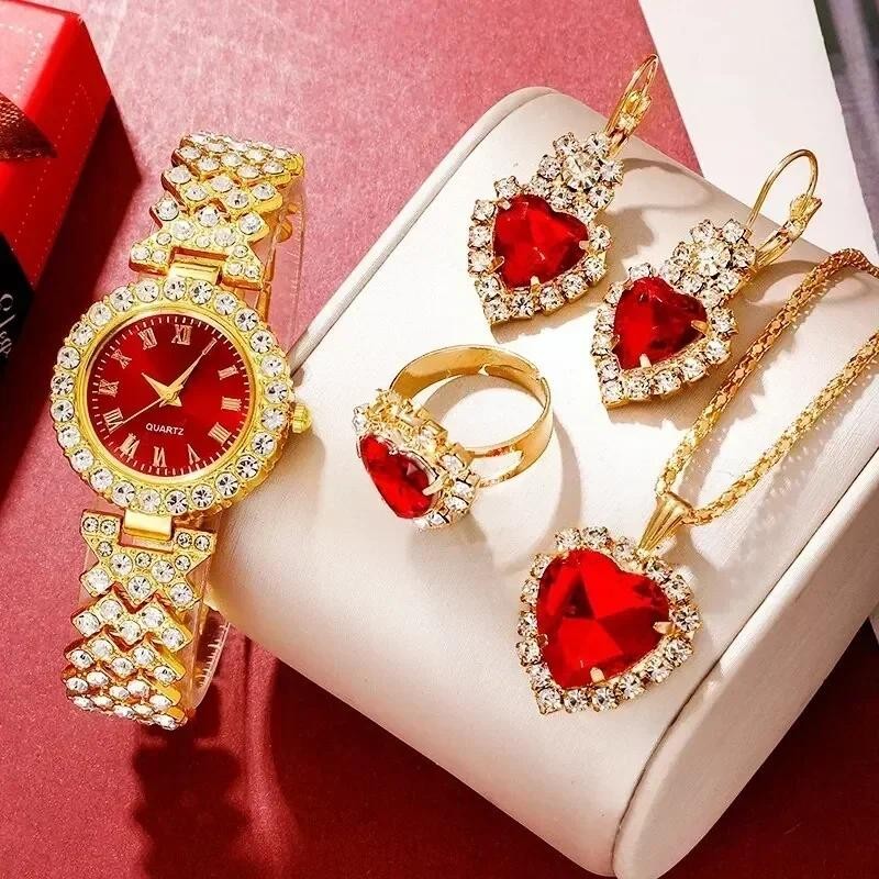 Women 4 Jewelry Set Watch & Bracelet & Ring & Earrings & Necklace Fashion Gift