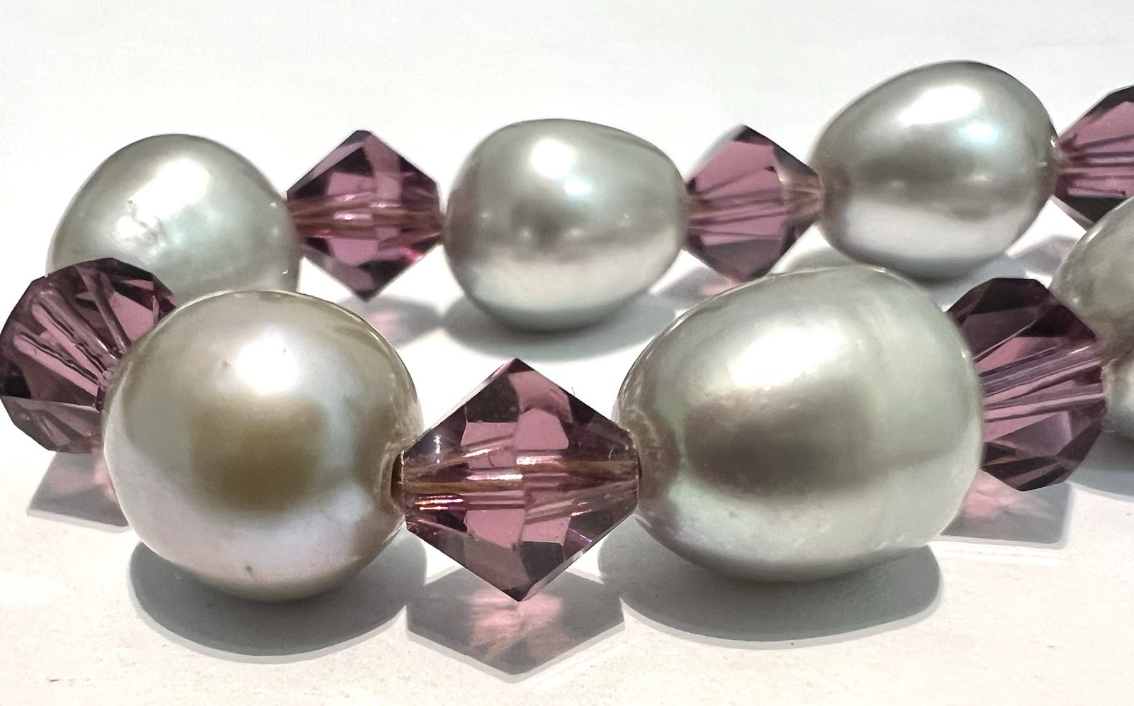 925 Silver Cultured Pearl Amethyst Crystal T Bar Bracelet, 18.5cm, 15.12g,E105