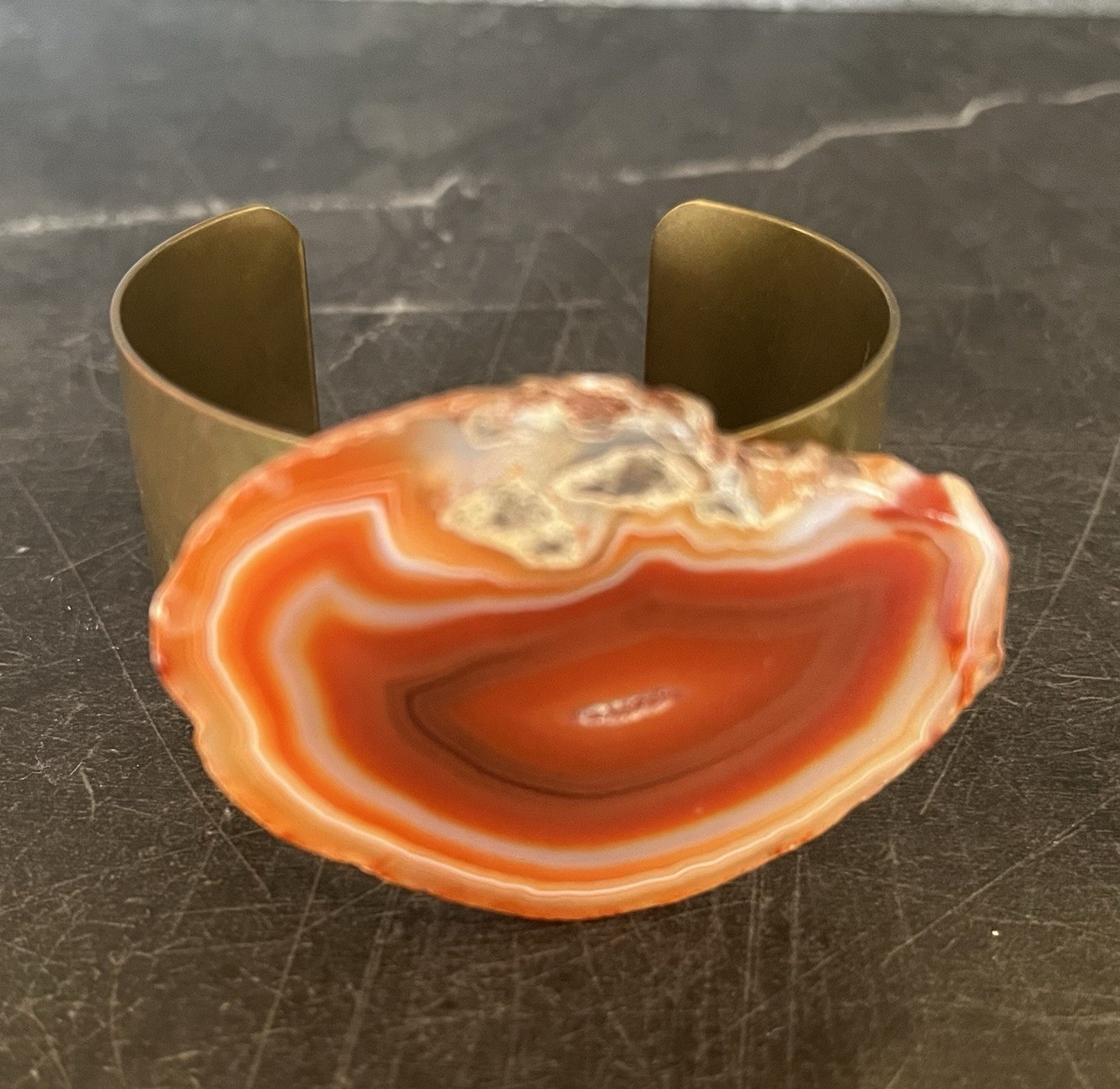 Brass Gold Tone Cuff Bracelet Orange Agate Slice Stone
