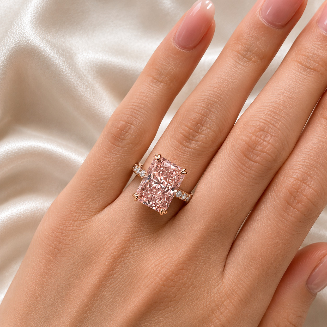 Diamond Ring 14k Rose Gold 5.35 Ct Radiant Cut Fancy Vivid Pink IGI Lab Grown