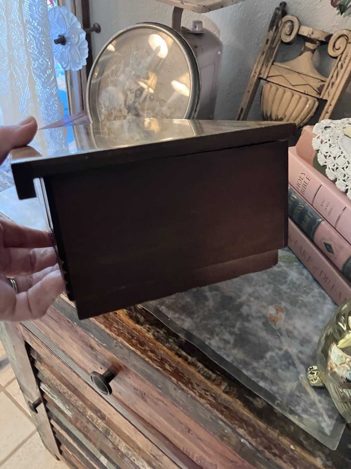 Vintage MCM Mid Century Modern Wood Jewelry Music Box Men’s Lacquer Top 60/70’s