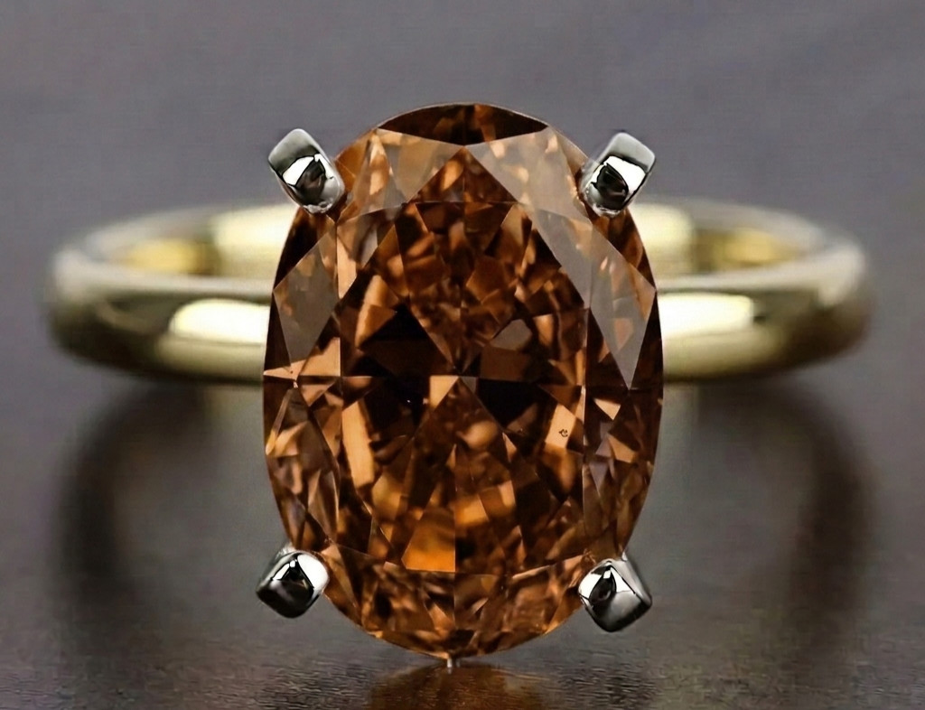 RARE 8.00 Ct Certified Oval Shape Natural Brown Diamond Ring Yellow Gold Finish