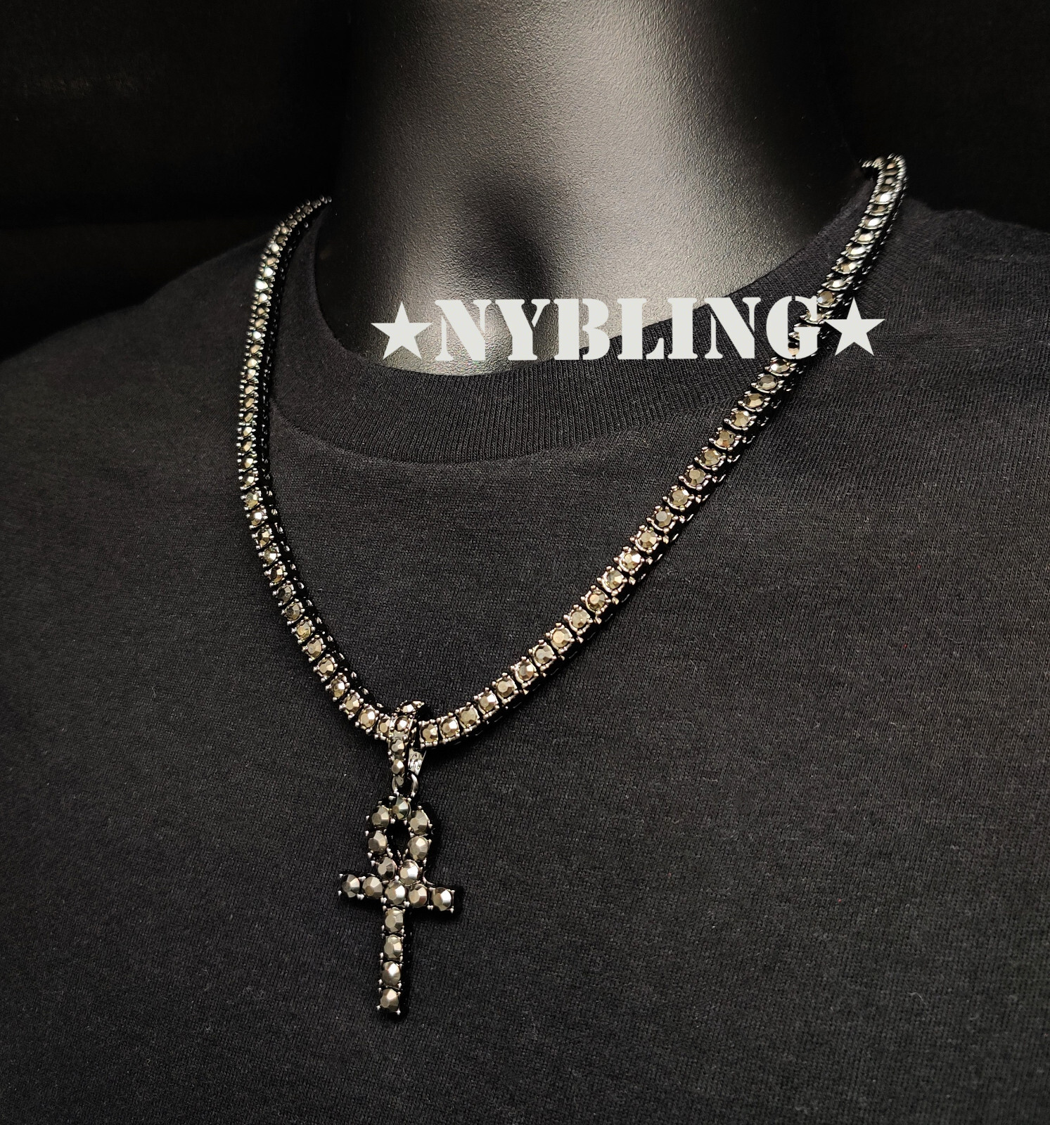 Hip Hop Gold Plated Tennis Chain ANKH Pendant Choker ICED Necklace CZ Jewelry