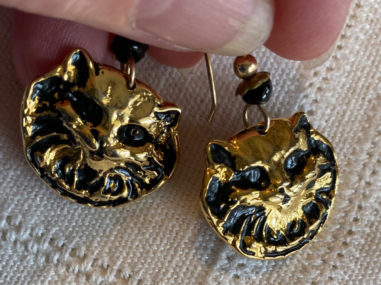 Vintage cat face earrings for pierced ears,signed Pepi Pewter,gold color plating