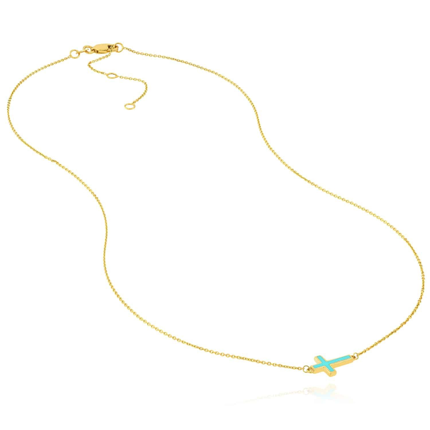 14K Real Gold White Black Turquoise Sideways Cross Pendant Necklace 16-18″ Adj