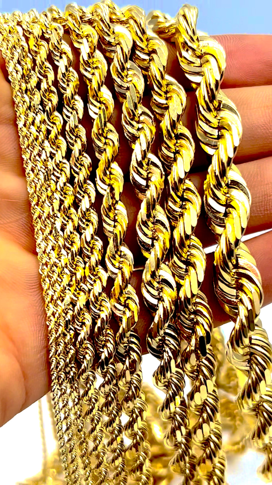 10K Yellow Gold Rope Necklace Chain Diamond Cut Real Gold 2mm-12mm 16″-30″