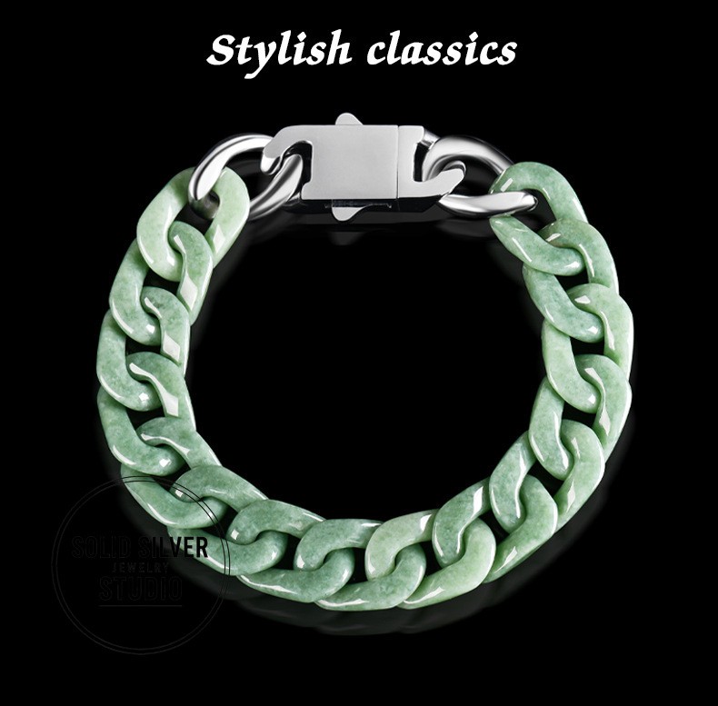 Natural Grade A Jadeite Cuban Link Chain Bracelet&Necklace Hip Hop Jade Jewelry