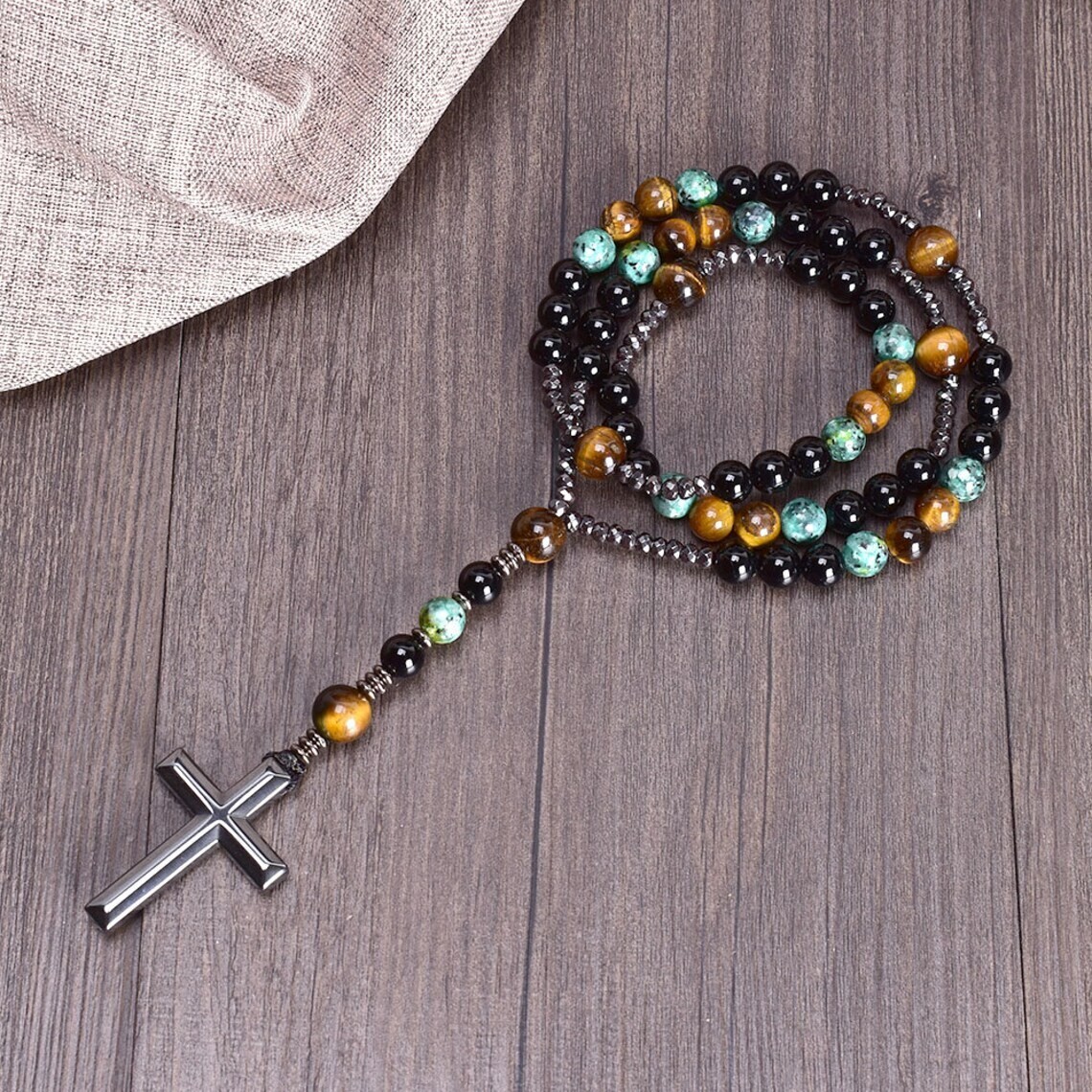 Obsidian Tiger’s Eye Turquoise Stone Beaded Necklace Hematite Cross Pendant