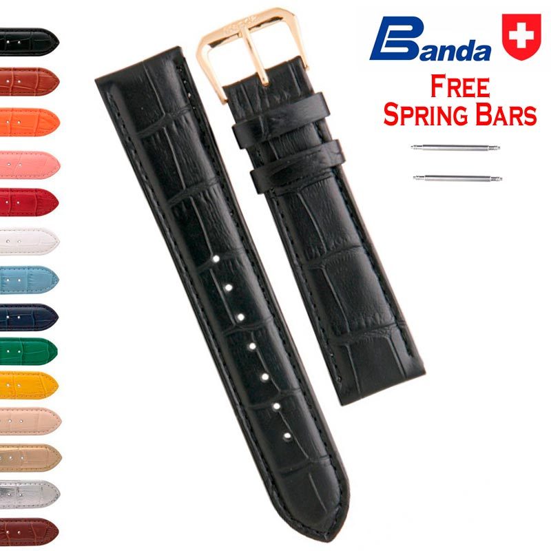 Banda Crocodile Grain Embossed Padded Leather Watch Band Strap, Size: 18~24mm