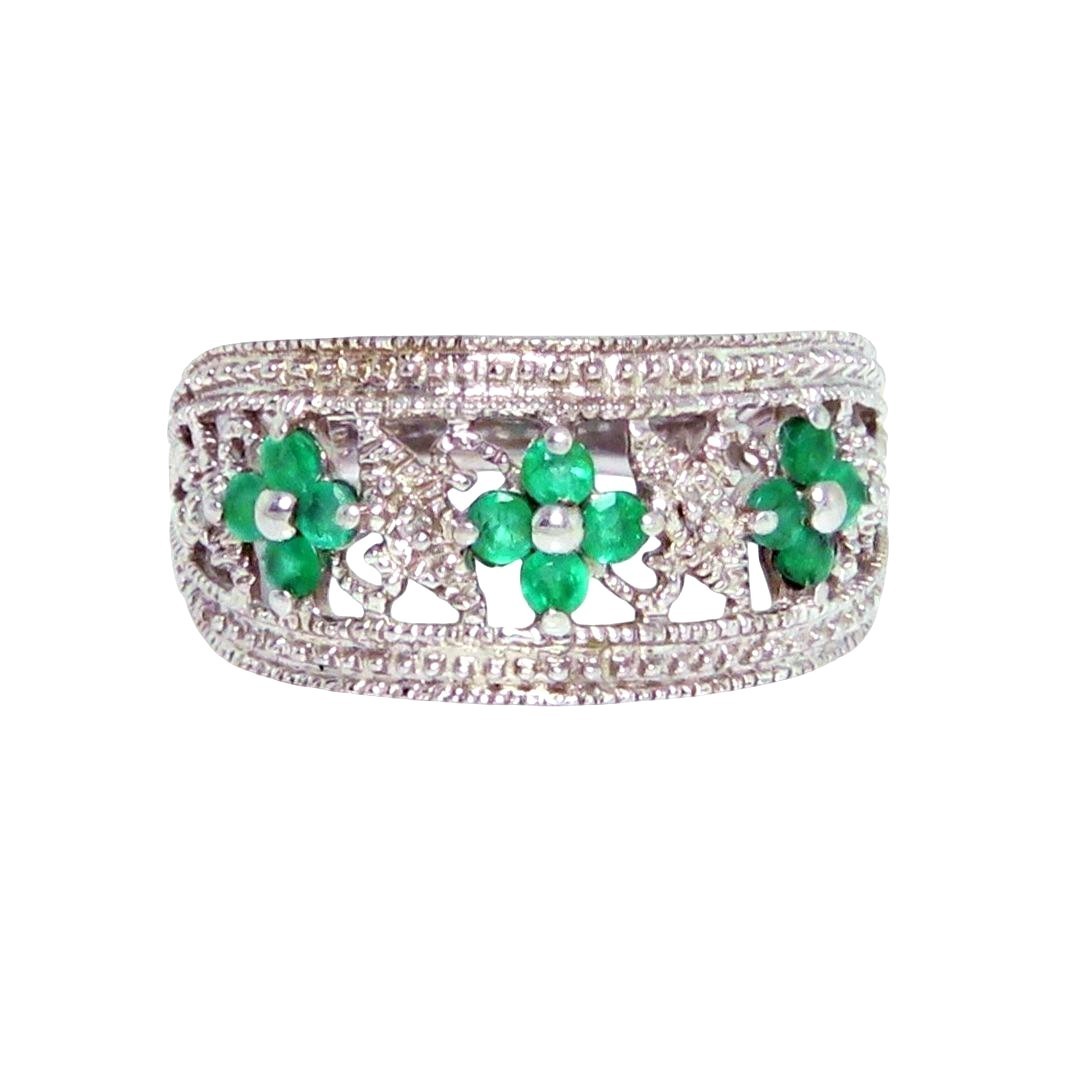 Vintage Sterling Silver Colombian Emerald & Diamond Filigree Ring w/Flowers