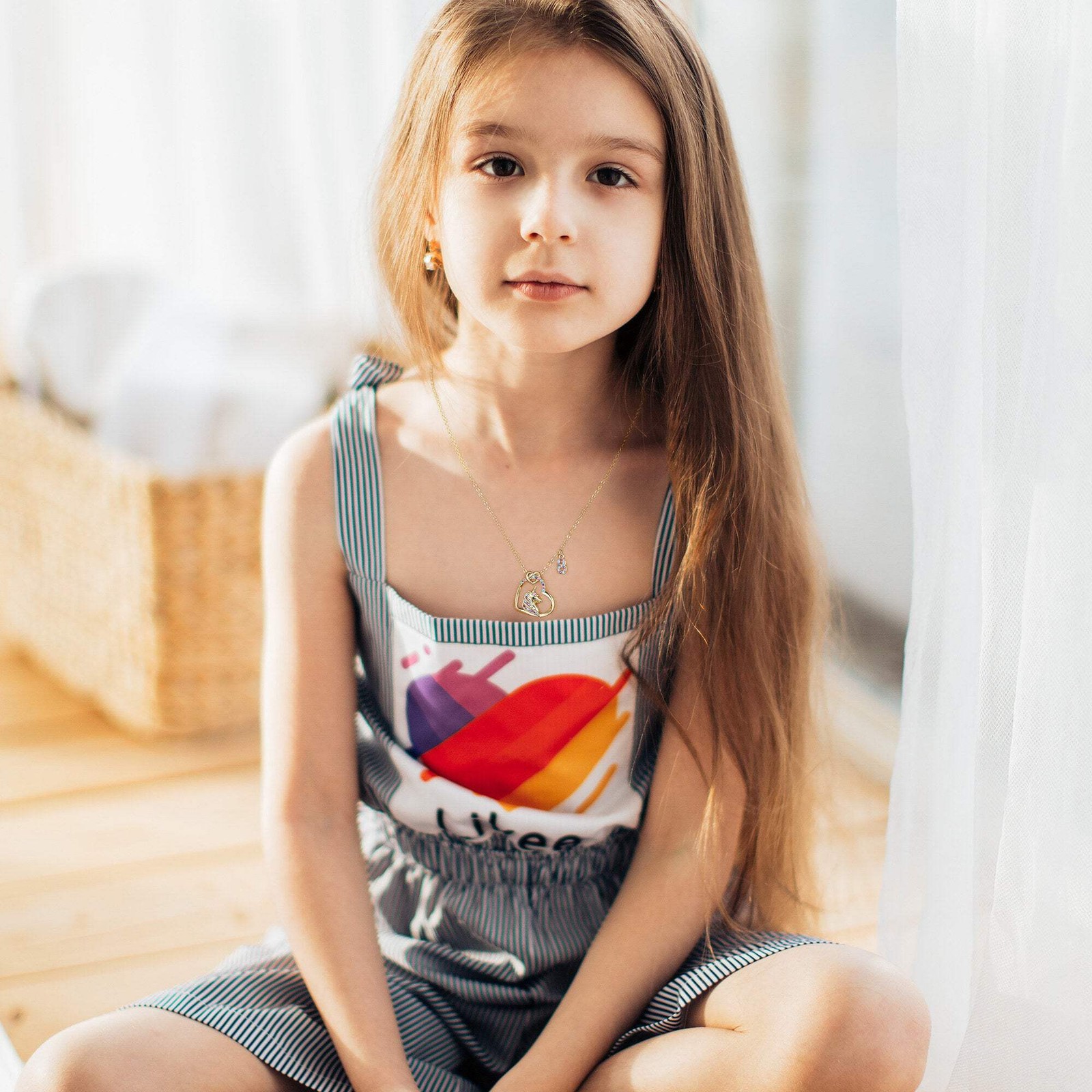 Turandoss Gold Heart Zircon Unicorn Necklace for Kids 3-8 Year Old, 18+2.5In