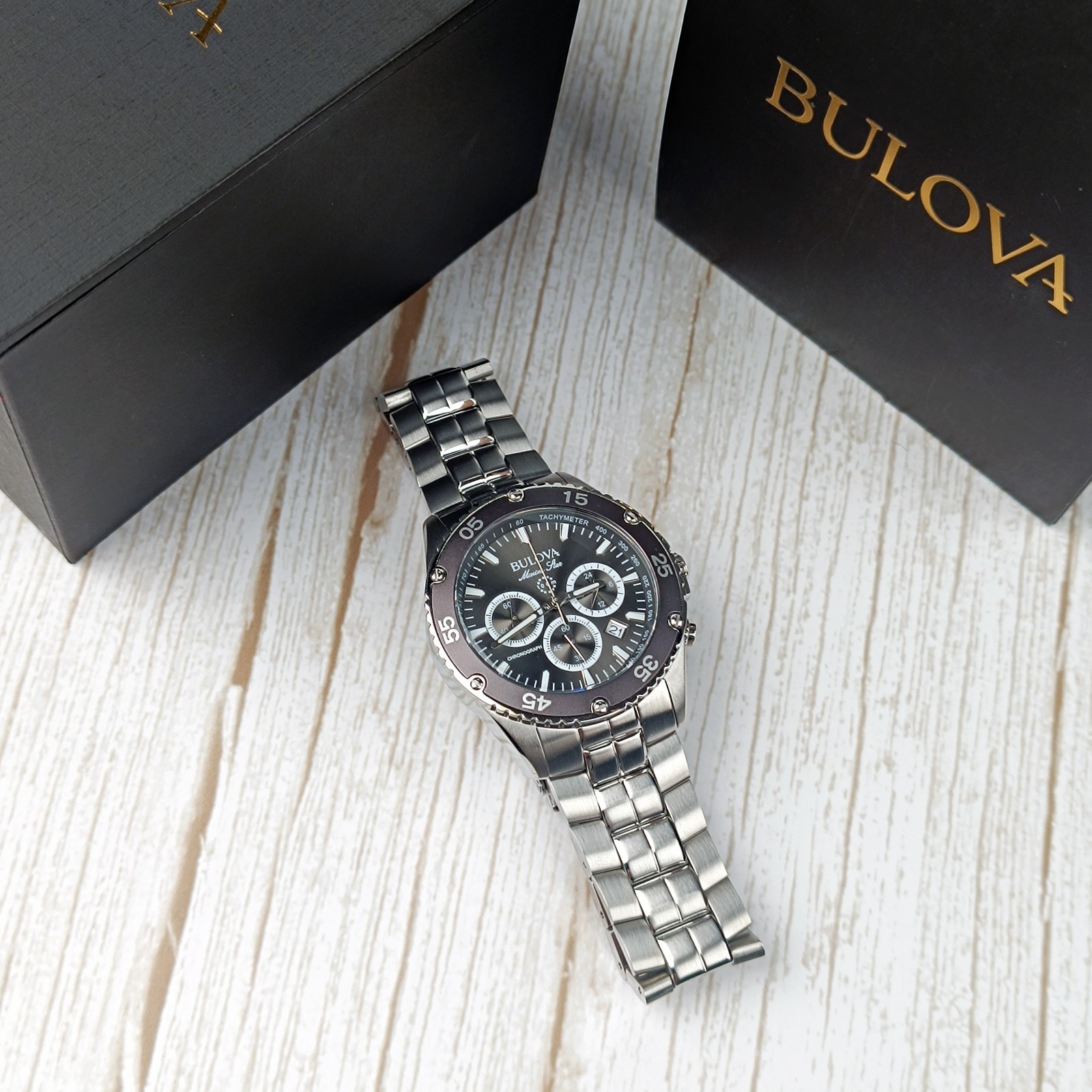 Bulova Men Marine Star 98B401 Black/Grey Chronograph Quartz Watch 41.5mm