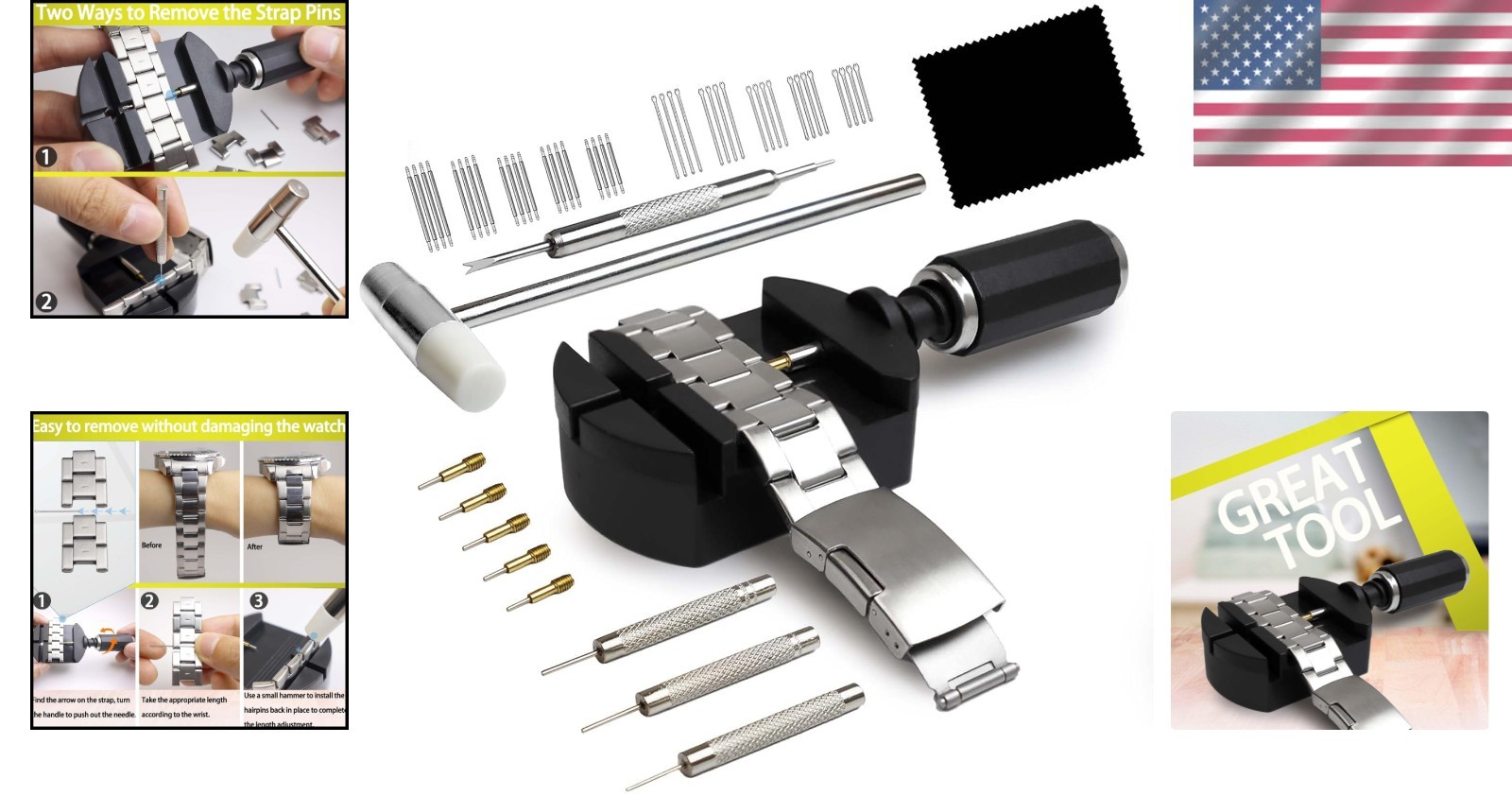 Professional Watch Band Sizing Tool Set – Replacement Pins and Durable Hammer