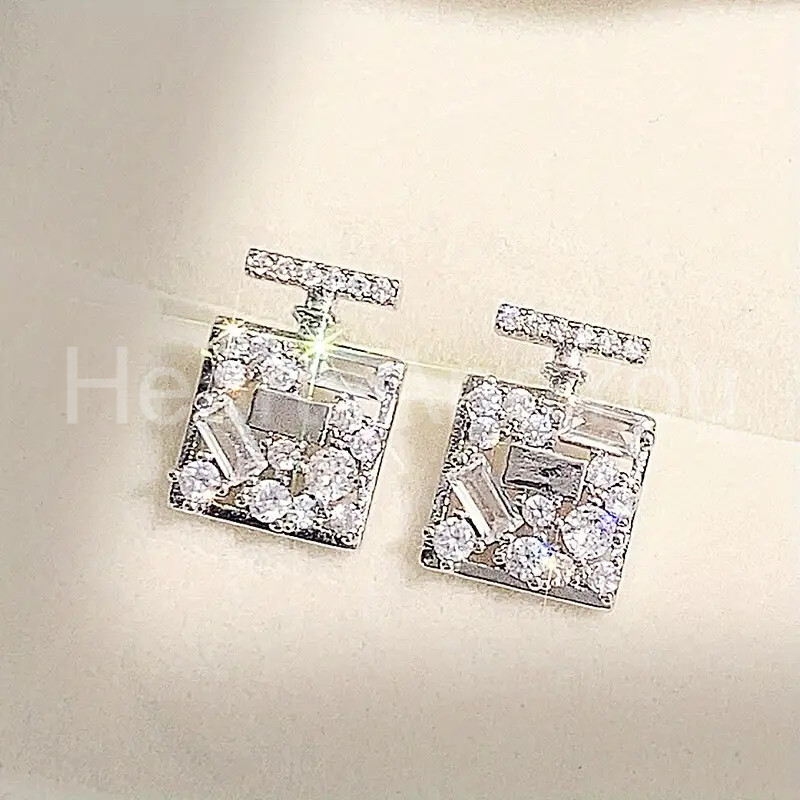 1ct Round Baguette Moissanite Square Geometric Stud Earring 9K White Gold Plated