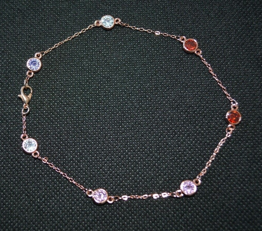 ROSE GOLD Multi Color Cubic Stones 14Kt Gold Clad ANKLET ANKLE BRACELET 9 -13″