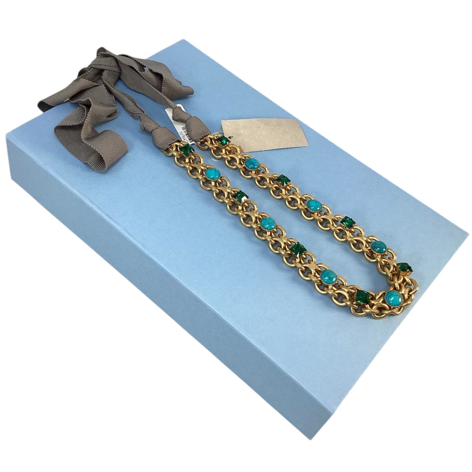 Lanvin Necklace 16″ Turquoise & Emerald Green Ribbon Statement Gold-Tone Short