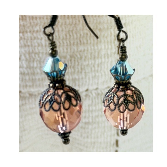 Vintage Style Peach and Blue Glass Crystal Filigree Drop Earrings Bronze Tone