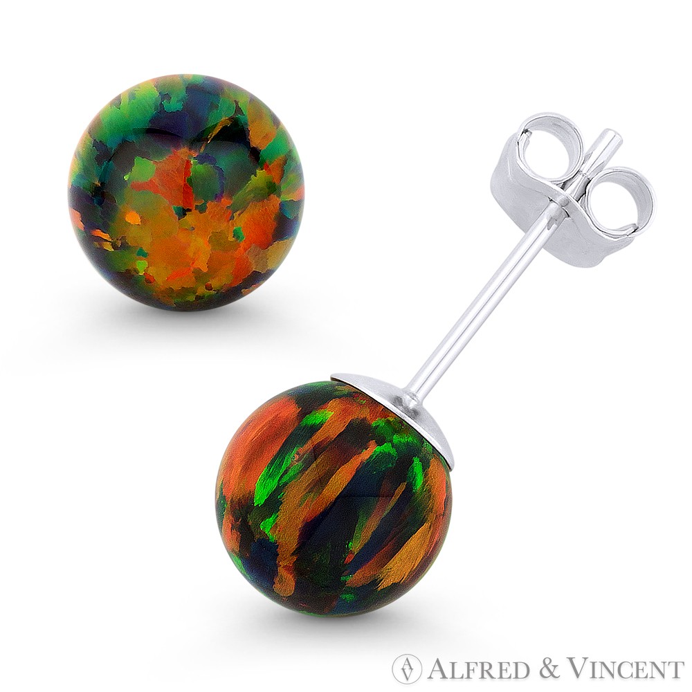 Fiery Black Synthetic Opal Round Ball Pushback Stud Earrings in 14k White Gold
