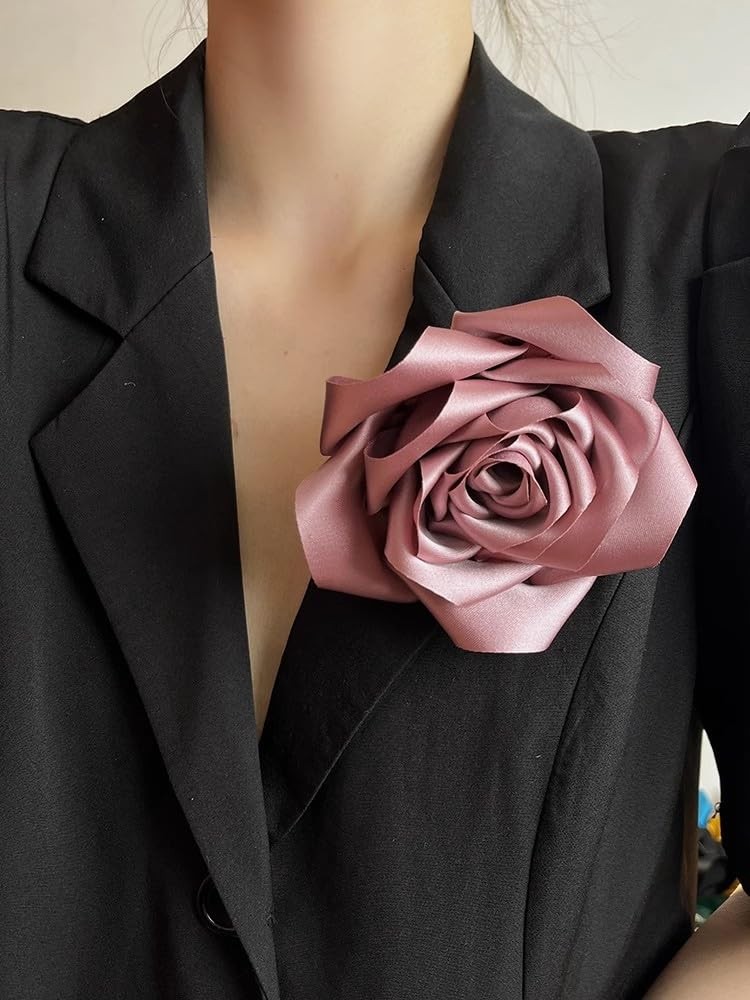 Dainty Satin Rose Flower Large Brooch Lapel Pins Delicate Elegant Handmade Fabri