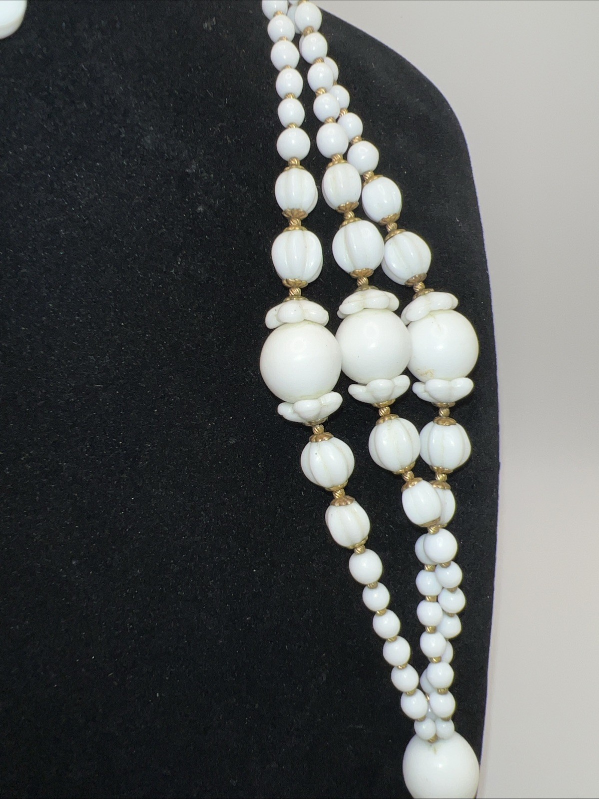1930s 40s Milk Glass Lariat Necklace Rhinestone Multi Strand Art Deco 34”