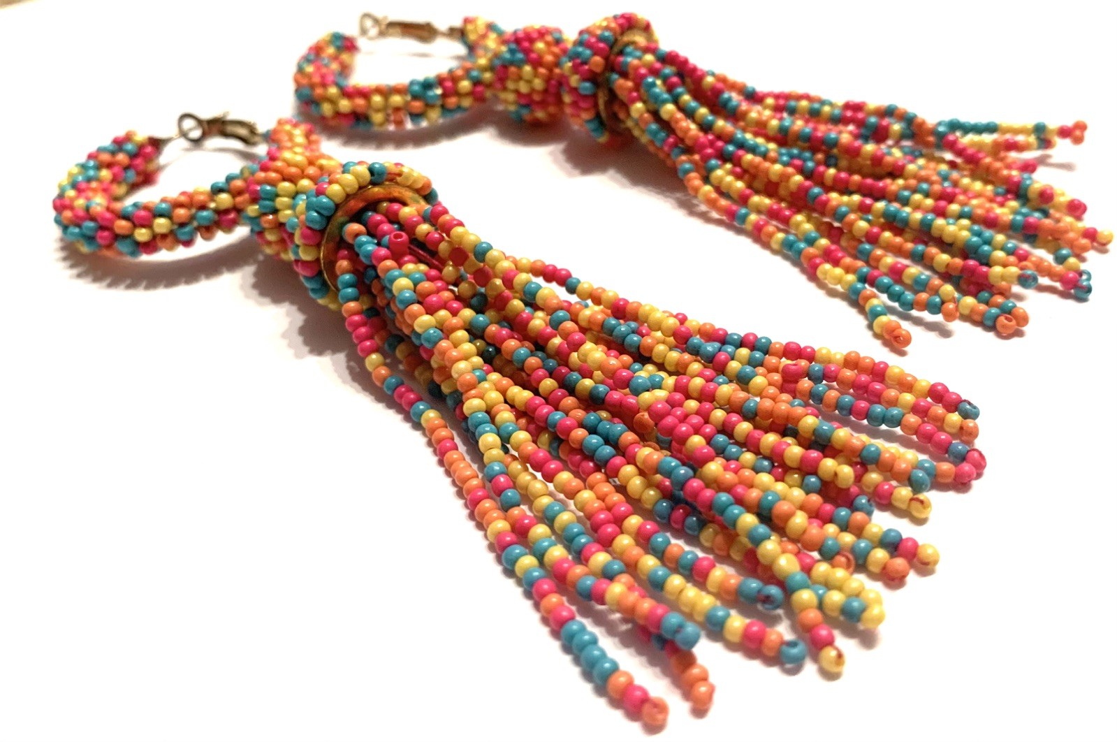 BOHO Seed Bead Earrings Fringe Tassel Bohemian Dangle Rainbow C Loop