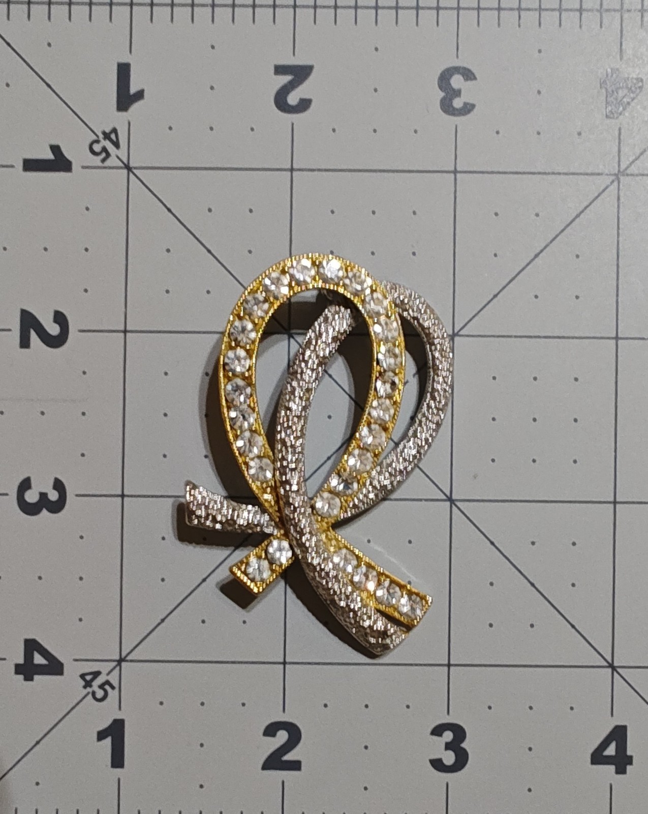 Ribbon Brooch Pin Gold & Silver Tone Clear Round Rhinestones 2.25 in